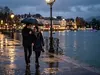 Romantic rainy evening walk